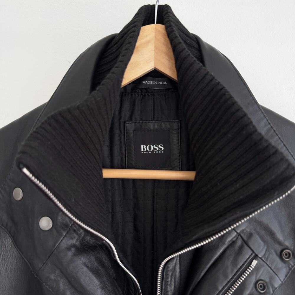 Hugo Boss Leather Jacket Men 38R Black Goatskin Military Field Biker Safari Coat - Picture 5 of 12